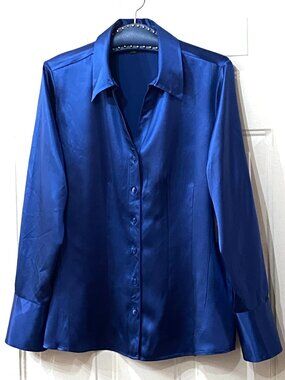 NWT $148 Classiques Entier Silk Sz XL Blouse Shirt Long Sleeve Royal Blue